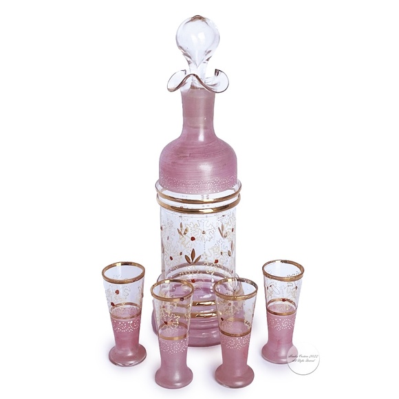 Vintage Barware Set Pink Cordials 6pc Decanter, Stopper and 4 Glasses 50s MCM - Picture 1 of 12